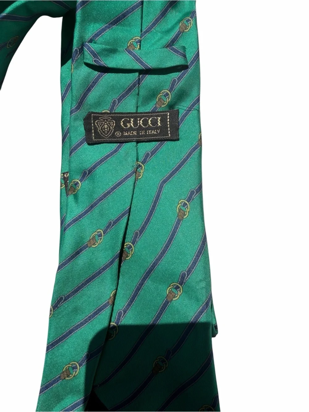 Gucci Green Tie with Navy Diagonal Stripes and Gold Motifs vintage repurpose